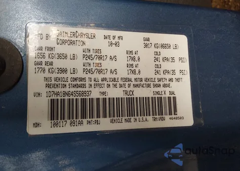 2004 Dodge Ram 1500 Slt/Laramie z USA, uszkodzony, nr VIN 1D7HA18N64S568937